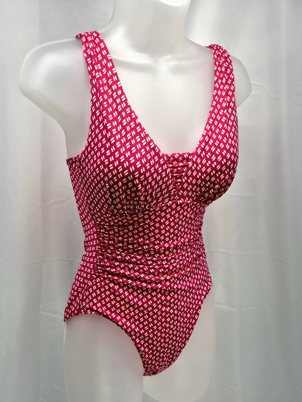 Lands' End Modest Ruched Pink Patterned One Piece Swimsuit 4P Preppy Summer Swim